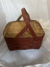 RARE Vintage Antique Large Woven Picnic Basket With Double Handles Red