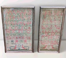 Pair Antique Needlework Samplers 1823 Catherine & Agnes Smith Family Framed 