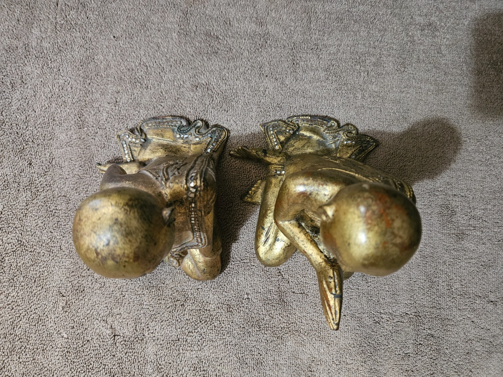 2 ANTIQUE BURMESE OR THIA GILDED BUDDHIST MONKS WOOD STATUES 19th.