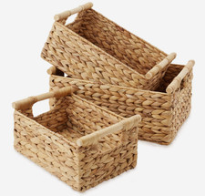 3-Piece Hyacinth Rectangular Storage Basket Set w/ Wood Handles