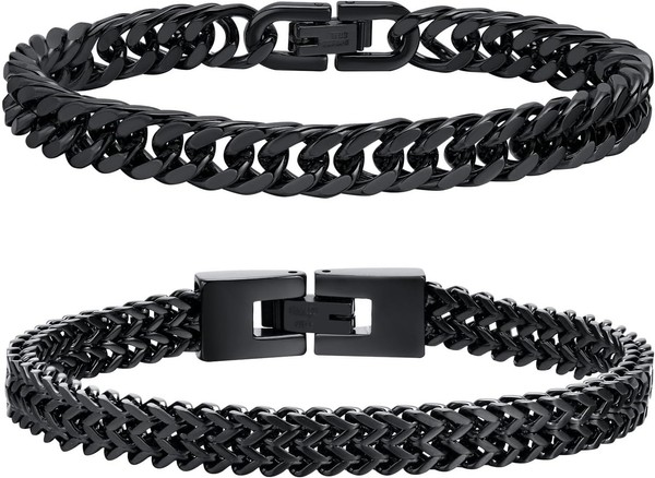 Herren Armband Edelstahl Panzerkette 2 StüCk Silber Schwarz Gold 8Mm 19-23Cm-image