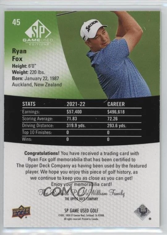 2024 SP Game Used Gold Shirt Ryan Fox #45 Rookie RC - Image 2 of 2