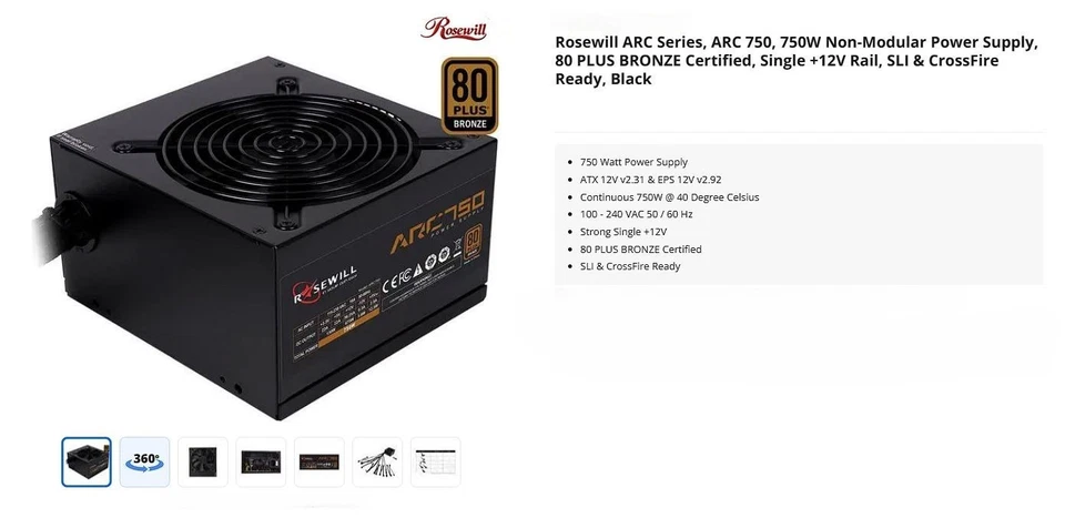 Rosewill ARC750 Watt Power Supply - 80 Plus Bronze Certified - BRAND NEW IN BOX! - Image 2 of 4