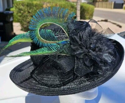 Black Kentucky Derby Hat Cowboy Hat Peacock Feathers Sun Hat  display picture 3