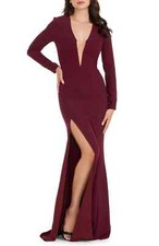 NWT 228 Dress the Population Amber Long Sleeve Illusion Mesh Gown Burgundy M