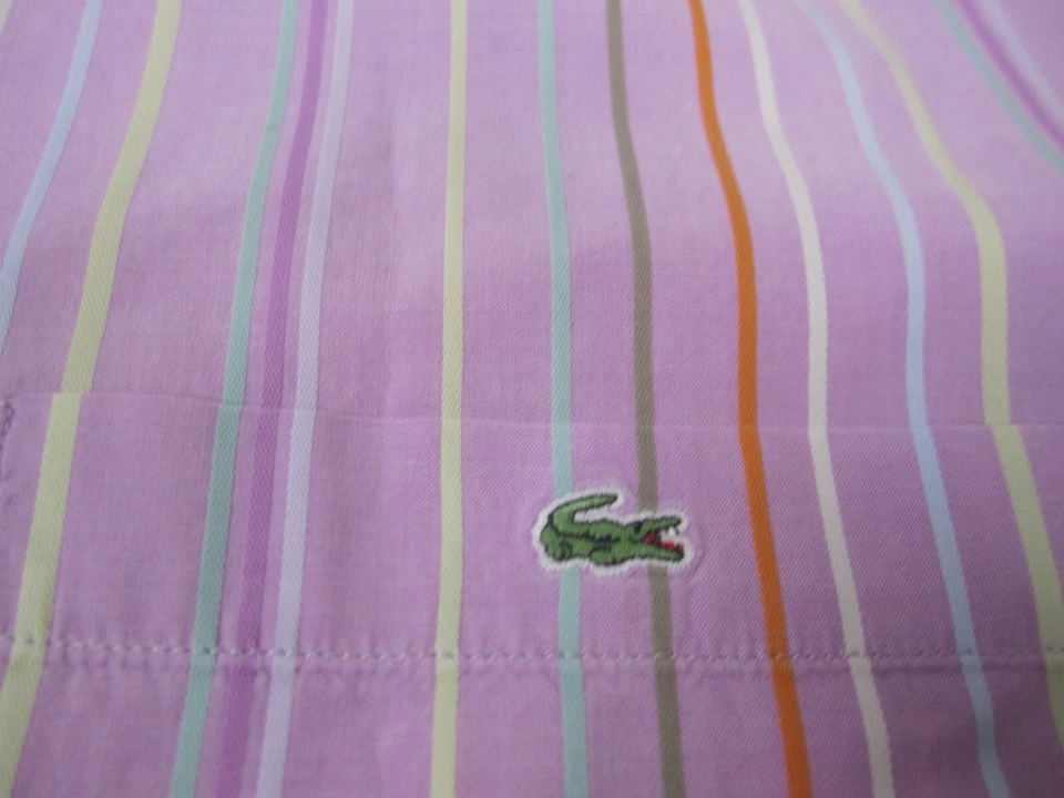 Camisa Lacoste Para Hombres 43 Rosa Rayas Manga Corta Abotonada Informal Calce Relajado Foto 4 de 4