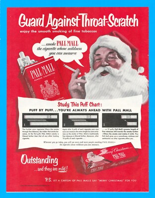 Pall Mall cigarettes carton Santa Claus smoking Christmas gift 1951 print ad
