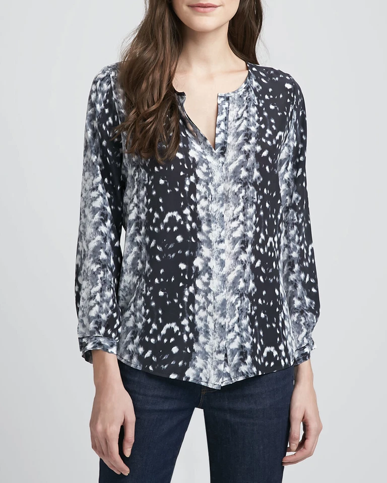 Blusa JOIE ~ Talla S ~ Animal Búho de Nieve 100% SEDA Botón Oculto Purina Leopardo 99