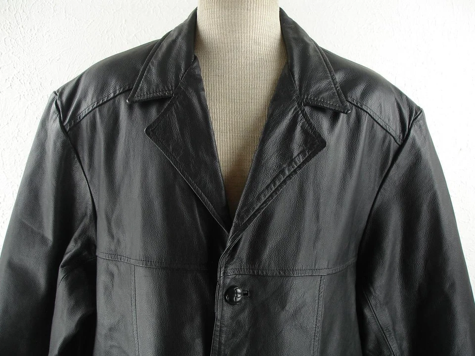 Men's BIG 2XL Phase 2 Black Leather Jacket Coat Blazer Insulated Button-Up Dress - Image 2 of 4