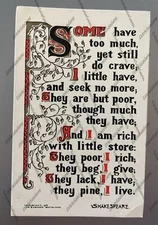 MINIMALISM 1907 Postcard Sheahans Good Mottos Shakespeare "Some Have Too Much…"