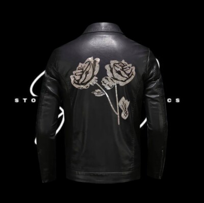 Leather Jacket With Rose Rhinestone Design
