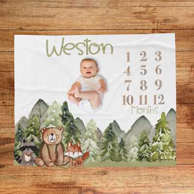 Woodland Baby Milestone Blanket Personalized Forest Animal Growth Tracker 