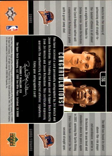 2002-03 Upper Deck Inspirations #136 Jiri Welsch RC/Jason Richardson Auto/1600 - Picture 2 of 2