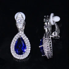 Silver Plated Drop Cubic Zirconia CZ Long Clip on Women Earring Without Piercing