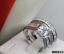 STERLING SILVER PRINCESS CZ VTG PAVE BRIDAL ENGAGEMENT WEDDING HALO RING SET 33C