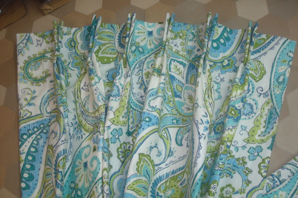 New One Pr Custom Drapes Pinch pleat Lined Peacock Paisley Blue green 96" lg - Image 3 of 4