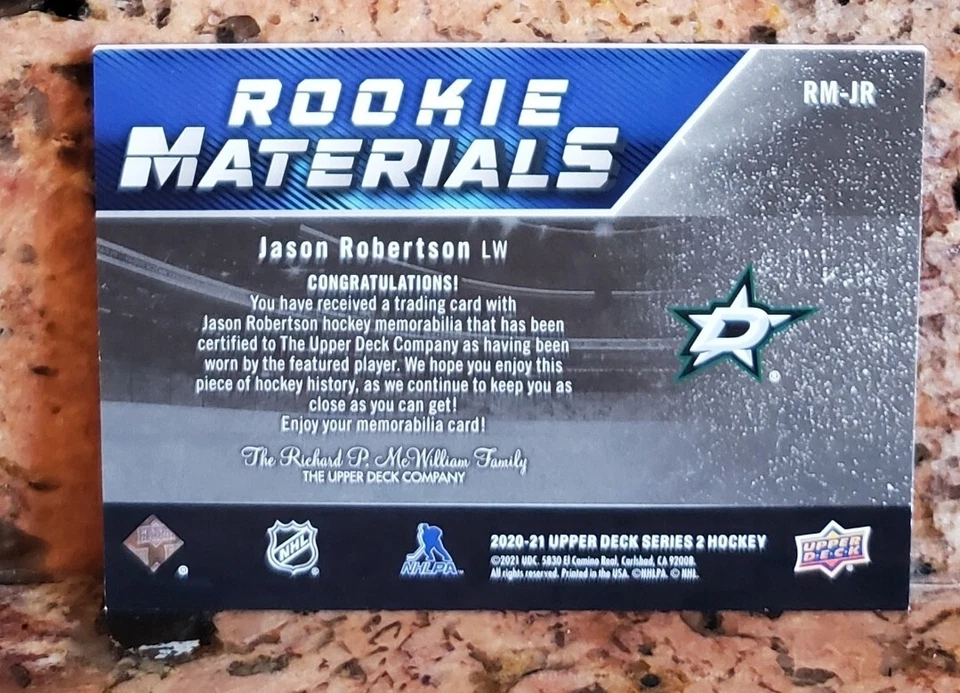2020-21 Upper Deck Hockey Jason Robertson Rookie materials Jersey RC - Image 2 of 2