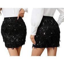 Womens Miniskirt Stretchy Skirt Birthday Party Sequined Sequin Fringed Fringe