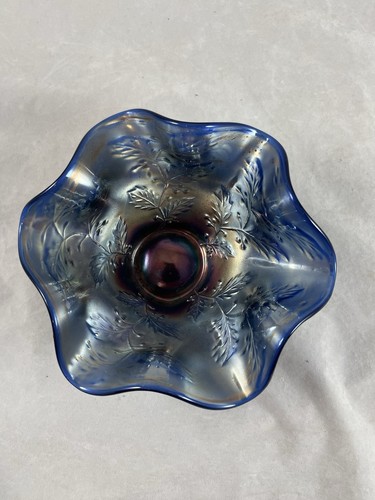 Fenton Holly Berries Carnival Iridescent Blue Glass Hat Ruffled 6.25" Bowl - Picture 11 of 11