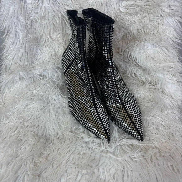 NEW AGL Black Sequins Silver Leather Pointed Toe Side Zip Ankle Boots 40 US 9 - Image 2 of 4