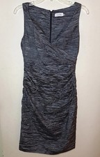 Calvin Klein Cocktail Dress Gray Ruched Back V-Neck Crinkle Stretch Size 2