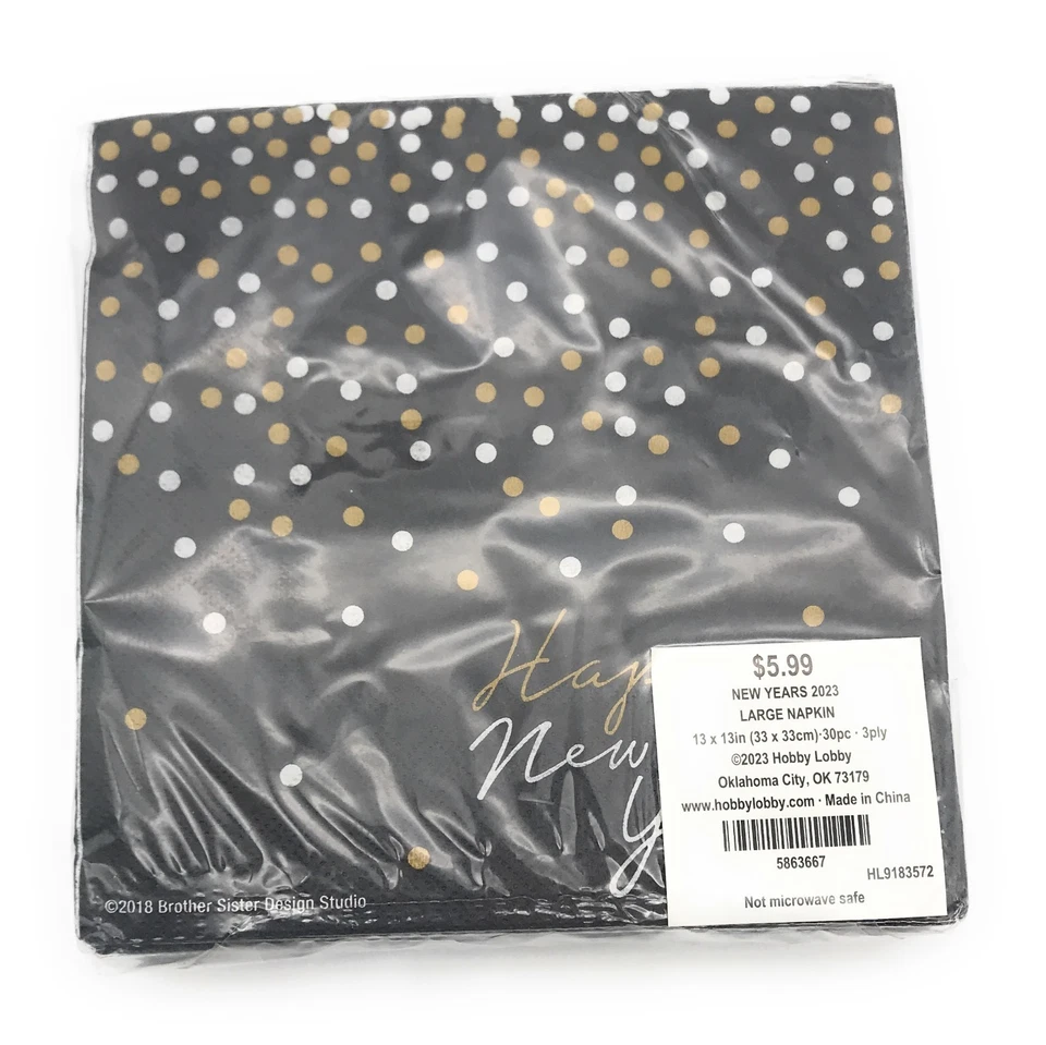 Juego de platos y servilletas Feliz Año Nuevo 16 quilates - negro con confeti dorado y plateado Foto 2 de 4