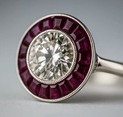 Art Déco Diamant Ring Rubine 0,88 ct 585 Weißgold Vintage Juwelier Zertifikat - Bild 1 von 4