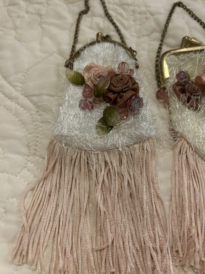 Pair Of Vintage Floral Fringed Coin Purses Kiss Lock 3D “fuzzy” Design & Chain - Image 2 of 4