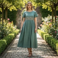 VTG Leigh Elisabeth Dress Women 12 Green Embroidered Plaid Linen NWT Cottagecore