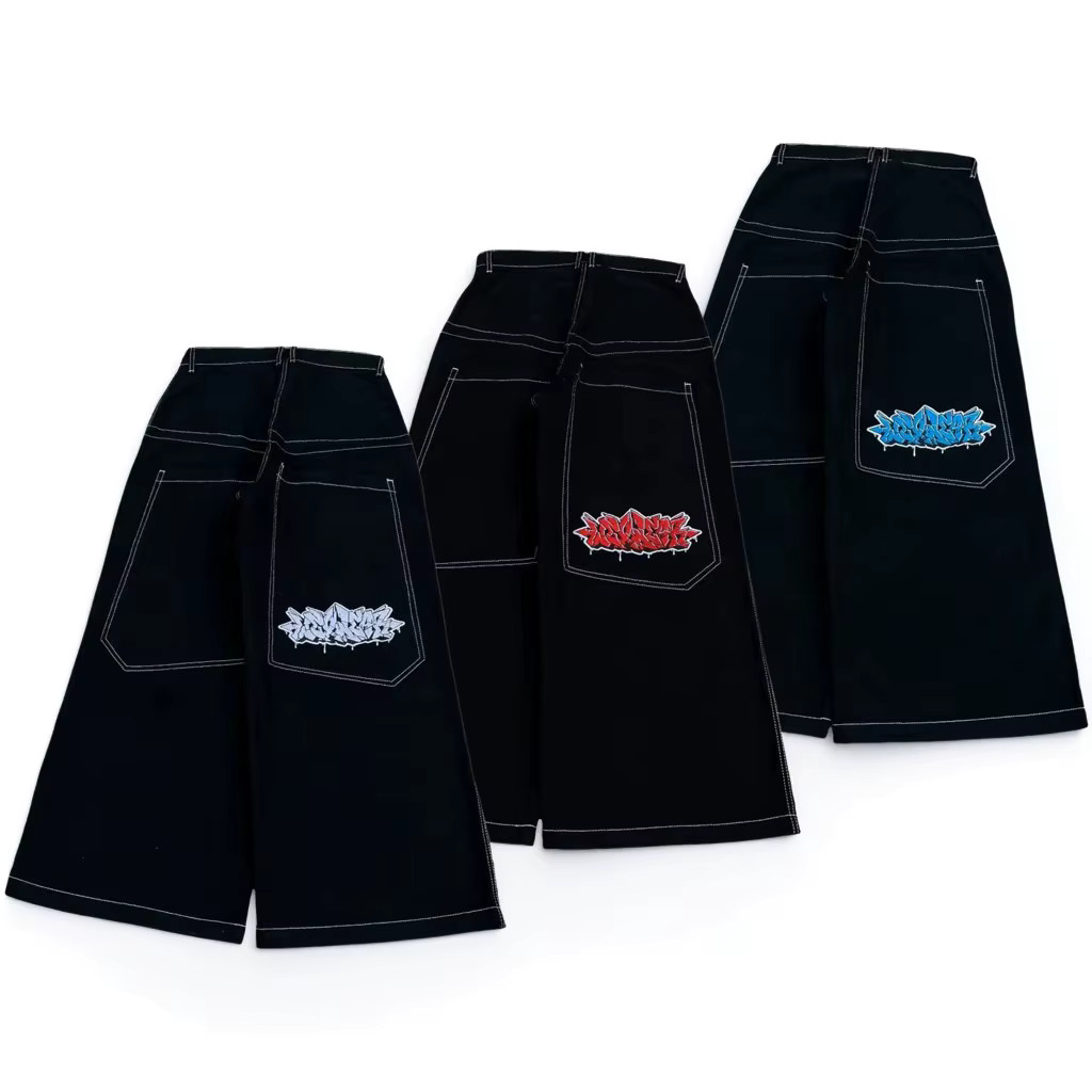Mens Baggy Jeans S-XXL Black Y2K Wide Leg Skater Streetwear Denim