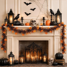 108IN Halloween Tinsel Garland with Orange Pumpkins Shiny Metallic Twist Decor