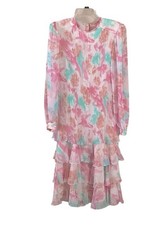 LISA MICHAELS Floral Watercolor Pastel Vintage 80s Dress Size 10 Made In USA