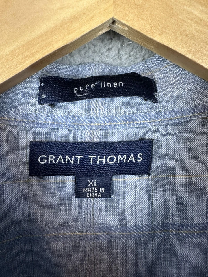 Camisa Grant Thomas Para Hombres XL Azul Lino Puro Abotonada Manga Larga Bolsillo Informal Foto 3 de 4
