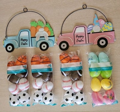 Easter Egg Treat Containers & 2 Happy Easter Truck Metal Signs Unicorns Sports