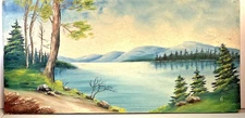 Vintage Mountains Landscape oil 24" X 12"  Artist Signed Happy Little Trees