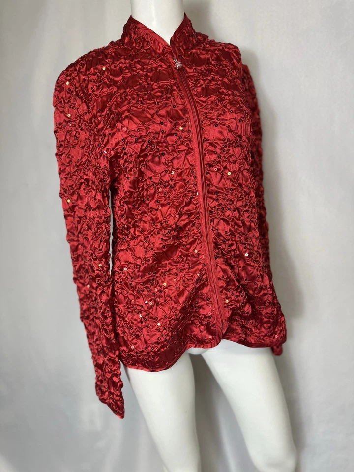 MSK Women’s Red Satin Sequin Quilt Crinkle Zipper Long Sleeve Jacket Size Large - Image 2 of 4