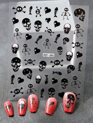 Nail Art Stickers Decals Halloween Skeleton Skull Bones Black Scary (POT-395)