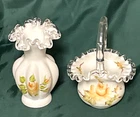 VTG Fenton Hand Painted Yellow Roses Silver Crest Milk Glass Vase 6” & Basket 7"