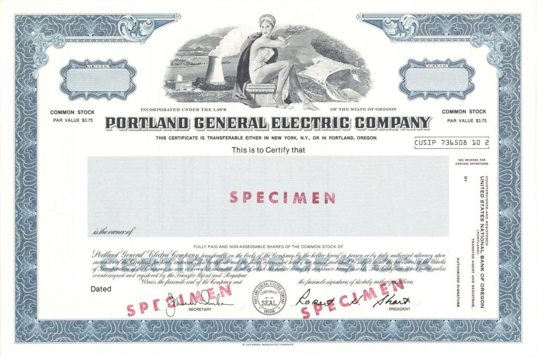 Portland General Electric Co. - Utility Specimen Stock Certificate - Specimen