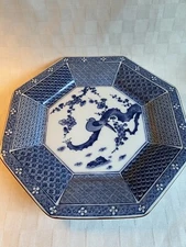 Asian Print Blue White Bird on Branch 8 Sided Serving Plate