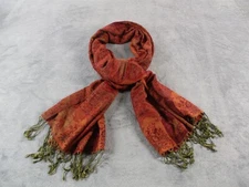 PASHMINA Womens Rectangle Scarf Wrap Shawl 64x28 Orange Paisley Silk Blend EUC