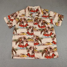 Barefoot In Paradise Hawaiian Shirt Mens Medium Brown Floral Bird Print Tropical