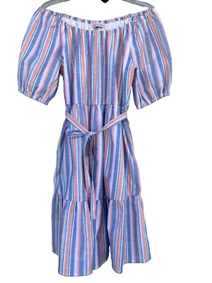 harlow & rose red white blue Stripes on or off shoulder Cute Peasant Dress M