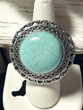 Western Boho Concho Statement Ring – Chunky Turquoise Howlite Stone Stretch Band
