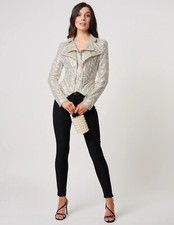 New Forever Unique Biker Jacket Silver Sequin With Silver Zips Uk8 Rrp £225