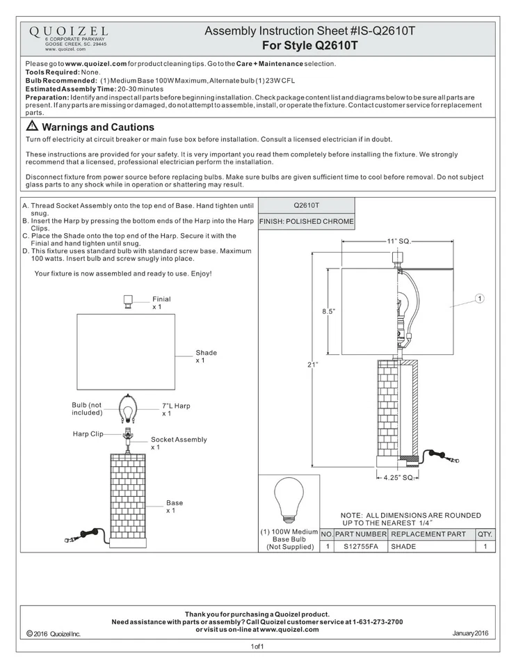 Quoizel Smokey Pearl 21 дюйм переходная настольная лампа полированный хром Q2610T - Изображение 4 из 4