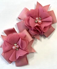 Beautiful Chiffon Flower bows with Faux Pearls Inspired Set of Pigtail hair bows