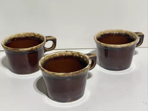 3 HULL OVEN-PROOF BROWN DRIP GLAZE COFFEE MUGS