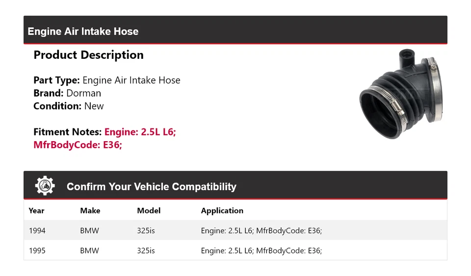 Manguera de admisión de aire para motor Dorman L6 2,5 L BMW 325is 1994-1995 Foto 2 de 4