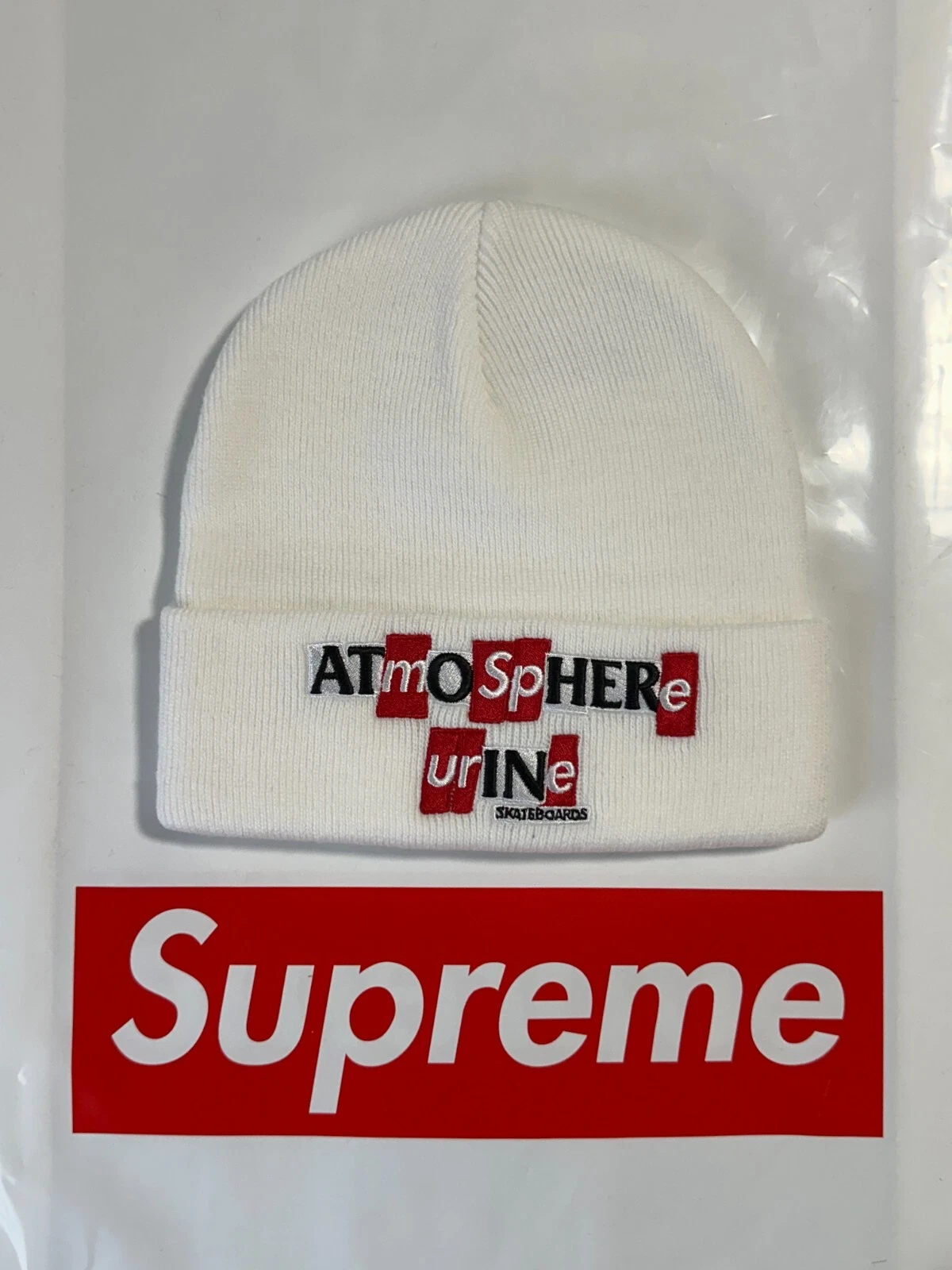 BONNET ANTI HÉROS SUPRÊME (BLANC) LOGO BOÎTE CROISÉE FW20 GRAND LOGO LAINE MOHAIR BEANIE